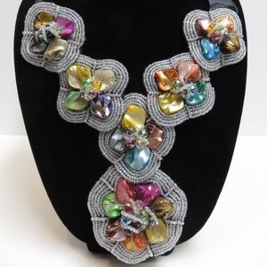 Beaded Shell Bib Necklace  Adjustable Ribbon  NWOT